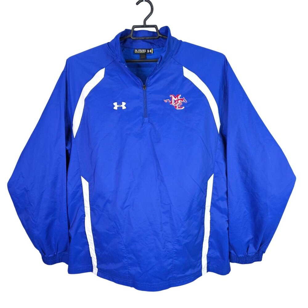 Mens Under Armour Blue White 1/2 Zip Windbreaker Jacket Loose Fit Polyester 2XL